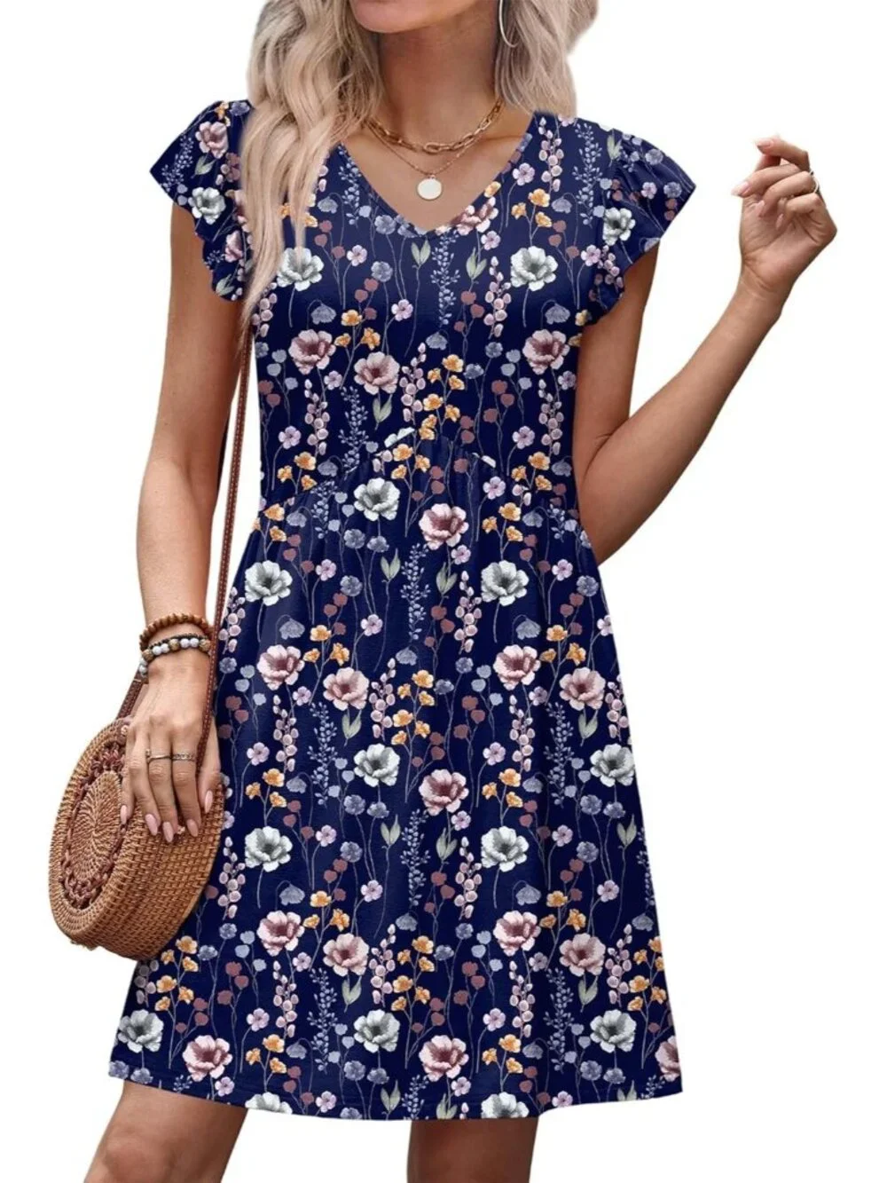 Women's Floral Navy Blue Ruffle Sleeve Baby Doll V Neck Imported Causal Dress